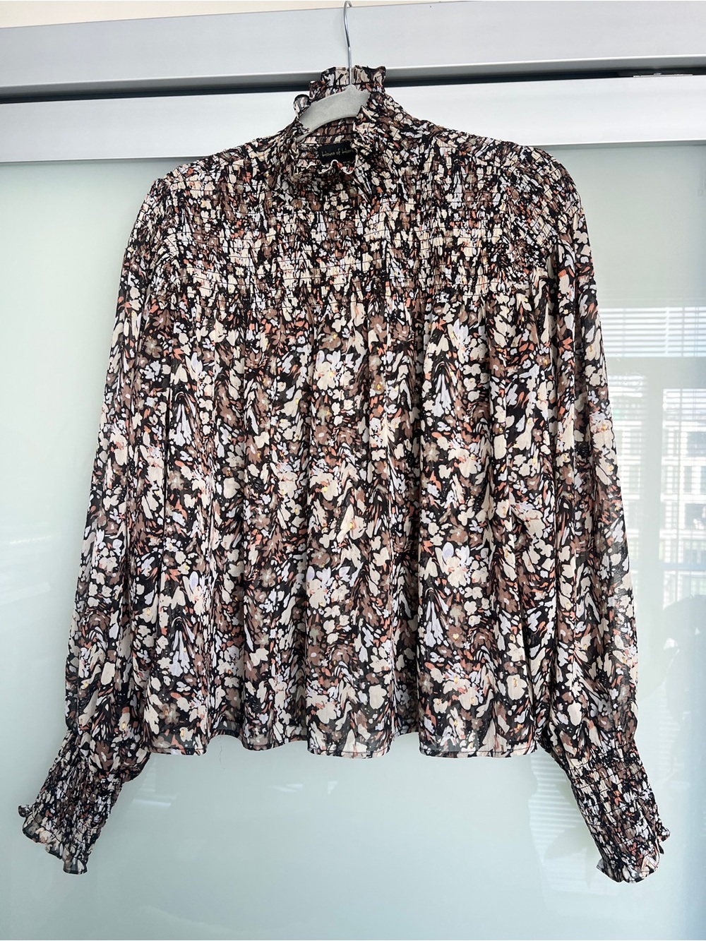 HOUSE OF HARLOW 1960 Floral Smocked Mock Neck Blouse in Brown, Cream & Black